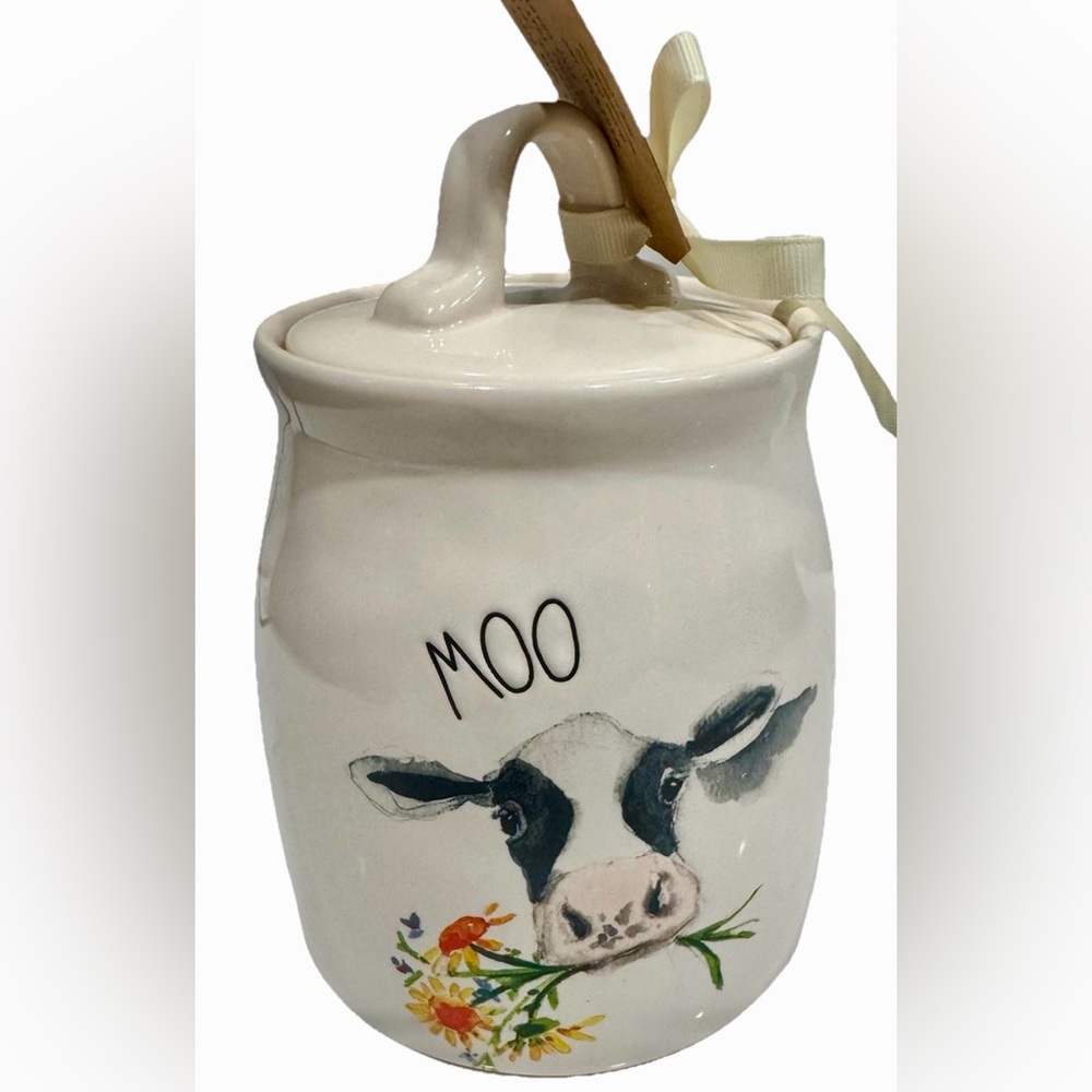 RAE DUNN SPRING SUMMER FARM ANIMAL KITCHEN CANISTER W/COW & FLOWERS MOO NEW